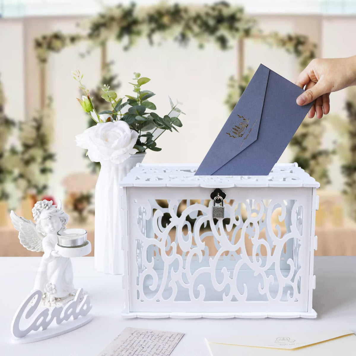 OurWarm DIY white card box assembled on a table for easy guest card collection