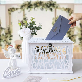 OurWarm DIY white card box assembled on a table for easy guest card collection