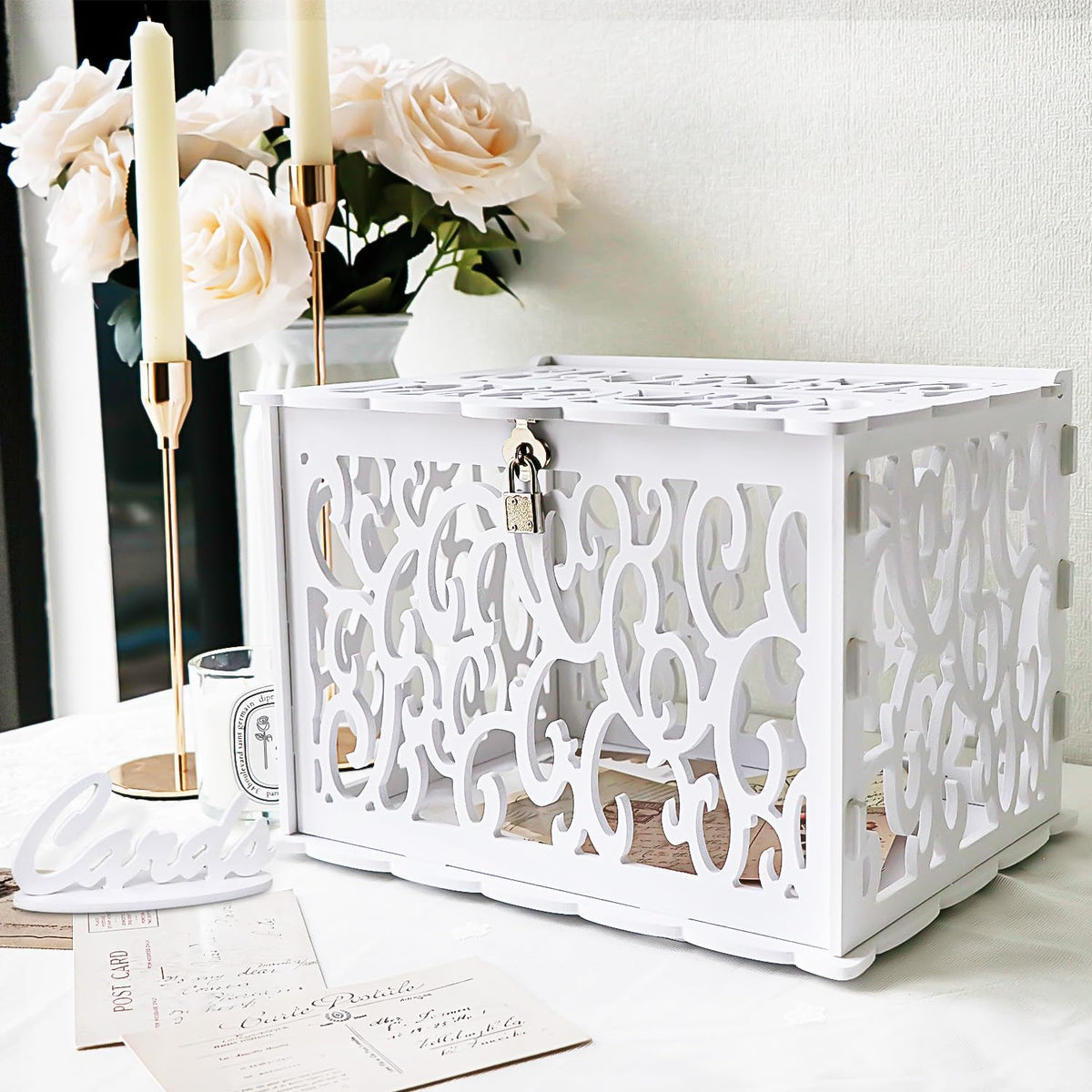 OurWarm DIY white card box with lock seen from the front, adds elegance to wedding decor