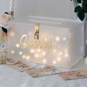OurWarm frosted acrylic wedding card box with lock viewed from the front, showcasing secure card drop