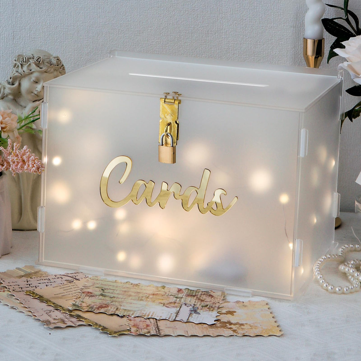 OurWarm frosted acrylic wedding card box with lock for secure card collection.