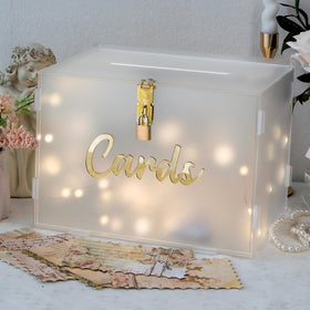 OurWarm frosted acrylic wedding card box with lock for secure card collection.