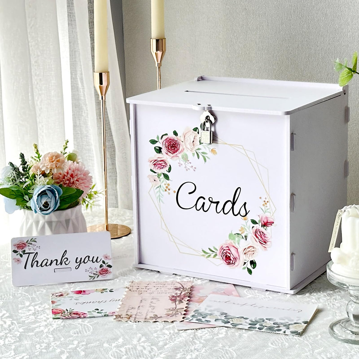 OurWarm PVC white wedding card box with rose pattern on the front, ideal for elegant reception decor.