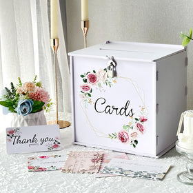 OurWarm PVC white wedding card box with rose pattern on the front, ideal for elegant reception decor.