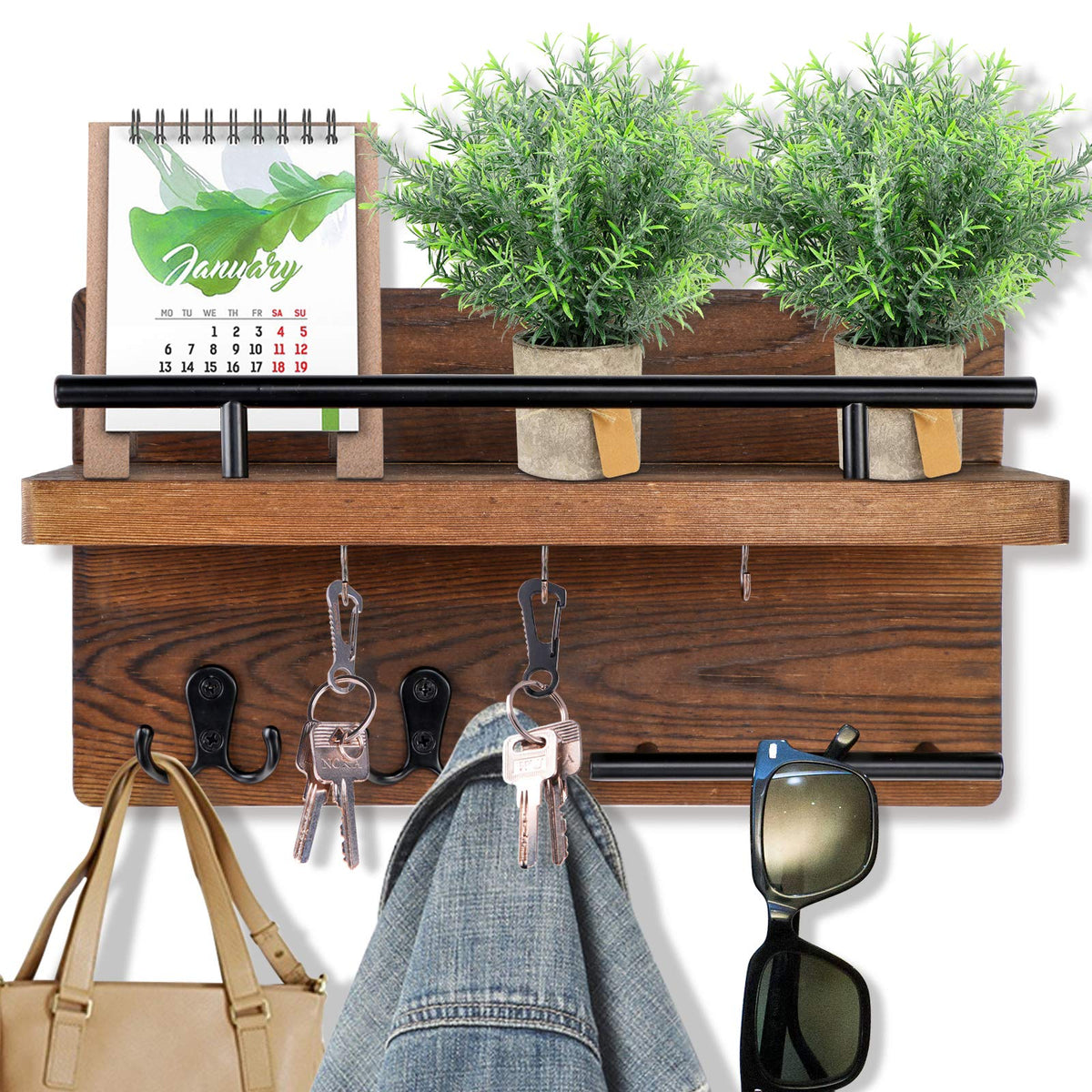 OurWarm rustic mail rack with wooden shelf for mail and small items.