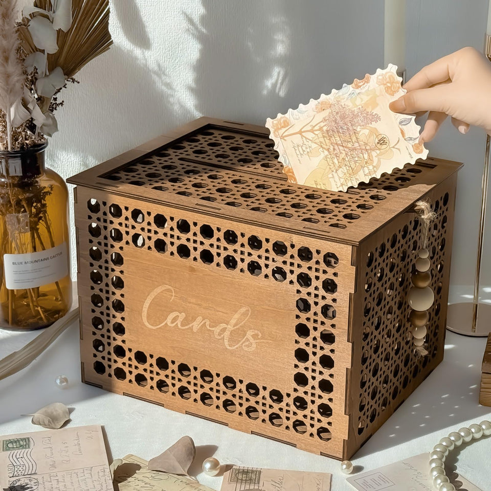 OurWarm wooden wedding card box with rattan pattern enhances rustic reception decor and card collection.