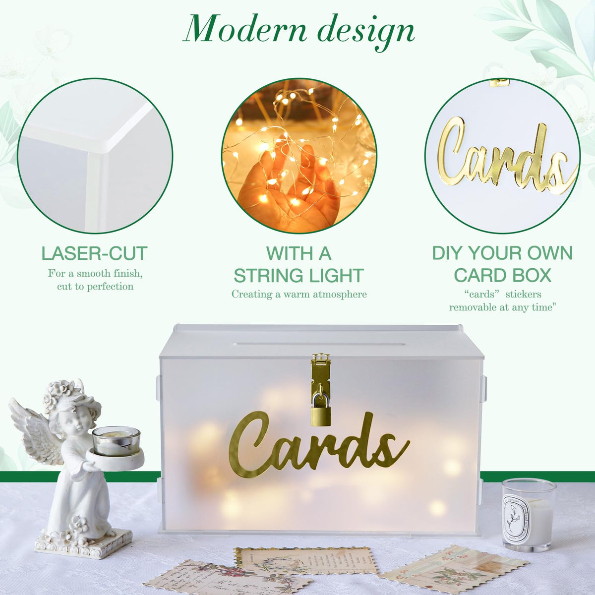 OurWarm card box with slot and light string during reception setup