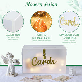 OurWarm card box with slot and light string during reception setup