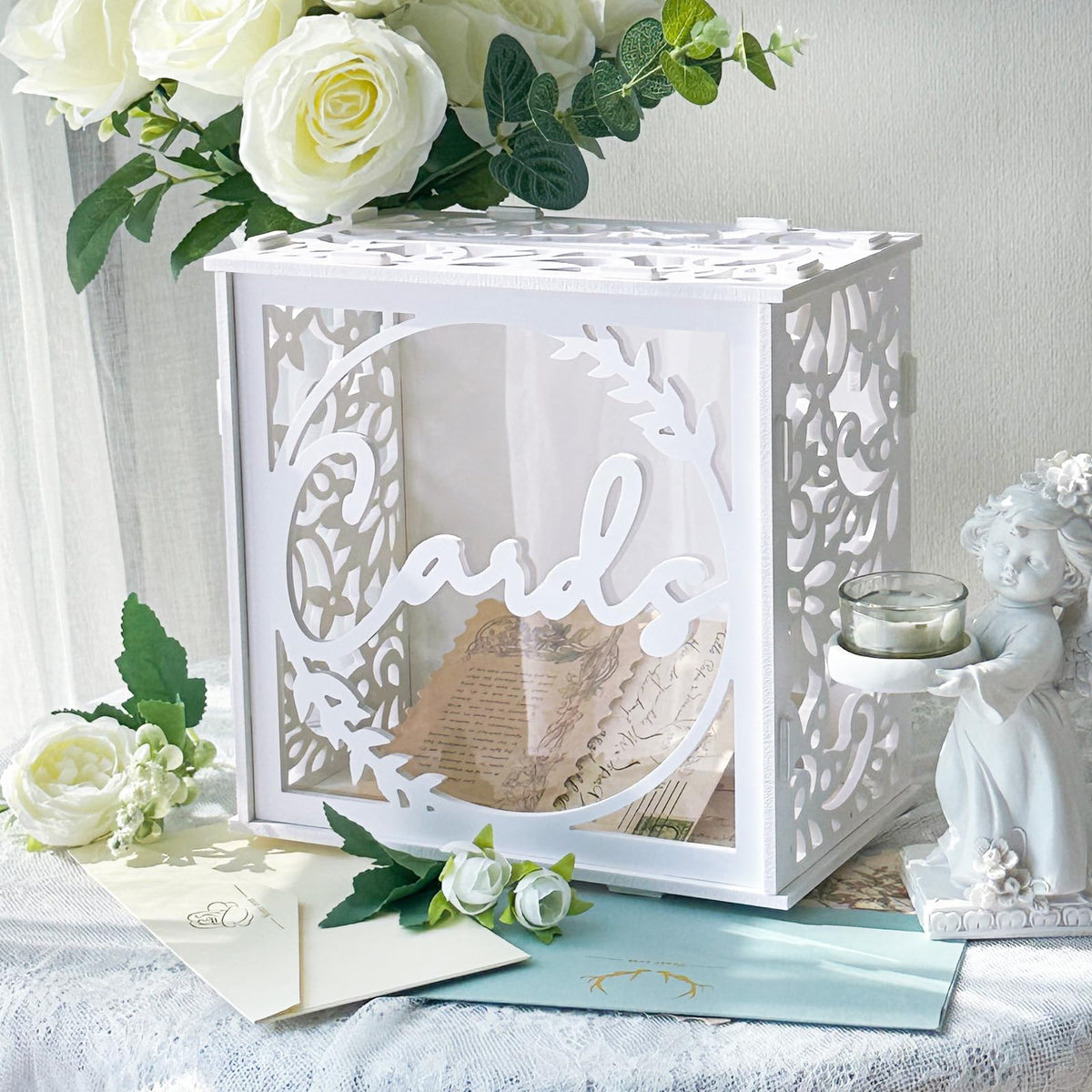 OurWarm white wedding card box with acrylic window keeps cards secure and visible
