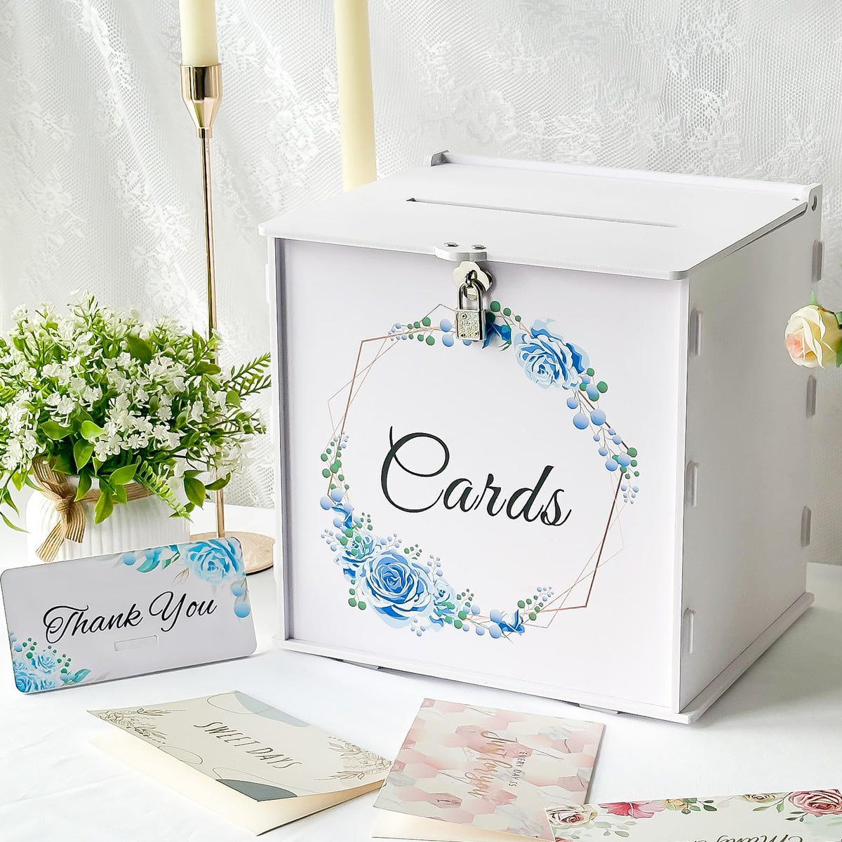 OurWarm white wedding card box front view with blue wreath for elegant guest gifting.