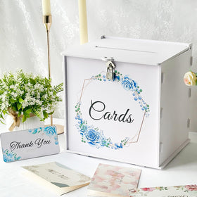 OurWarm white wedding card box front view with blue wreath for elegant guest gifting.