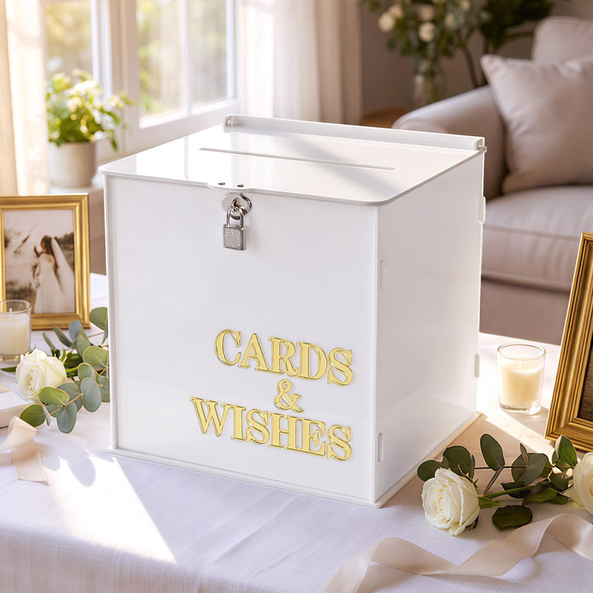 OurWarm white wedding card box with lock secures cards during reception.