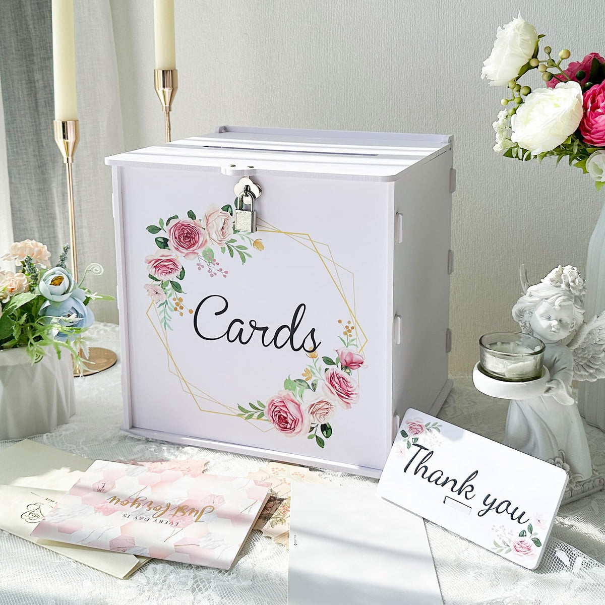 OurWarm white wedding card box with lock secures guests' cards.
