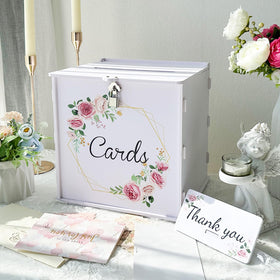 OurWarm white wedding card box with lock secures guests' cards.