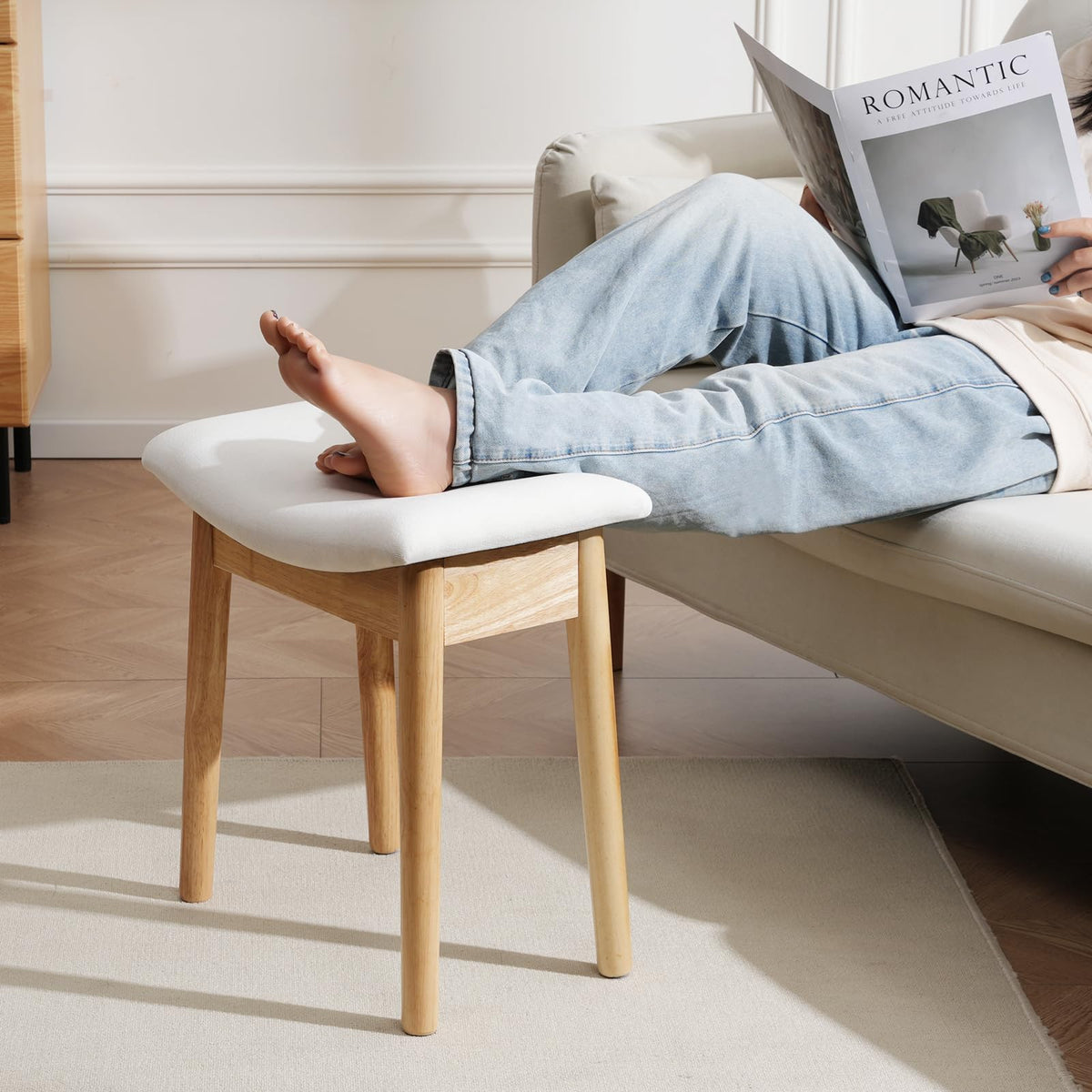 OUSADOU square linen makeup stool padded seat offers comfortable sitting while applying makeup