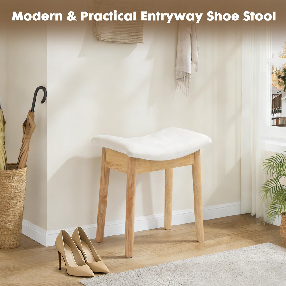 OUSADOU square linen makeup stool solid wood legs provide sturdy daily support