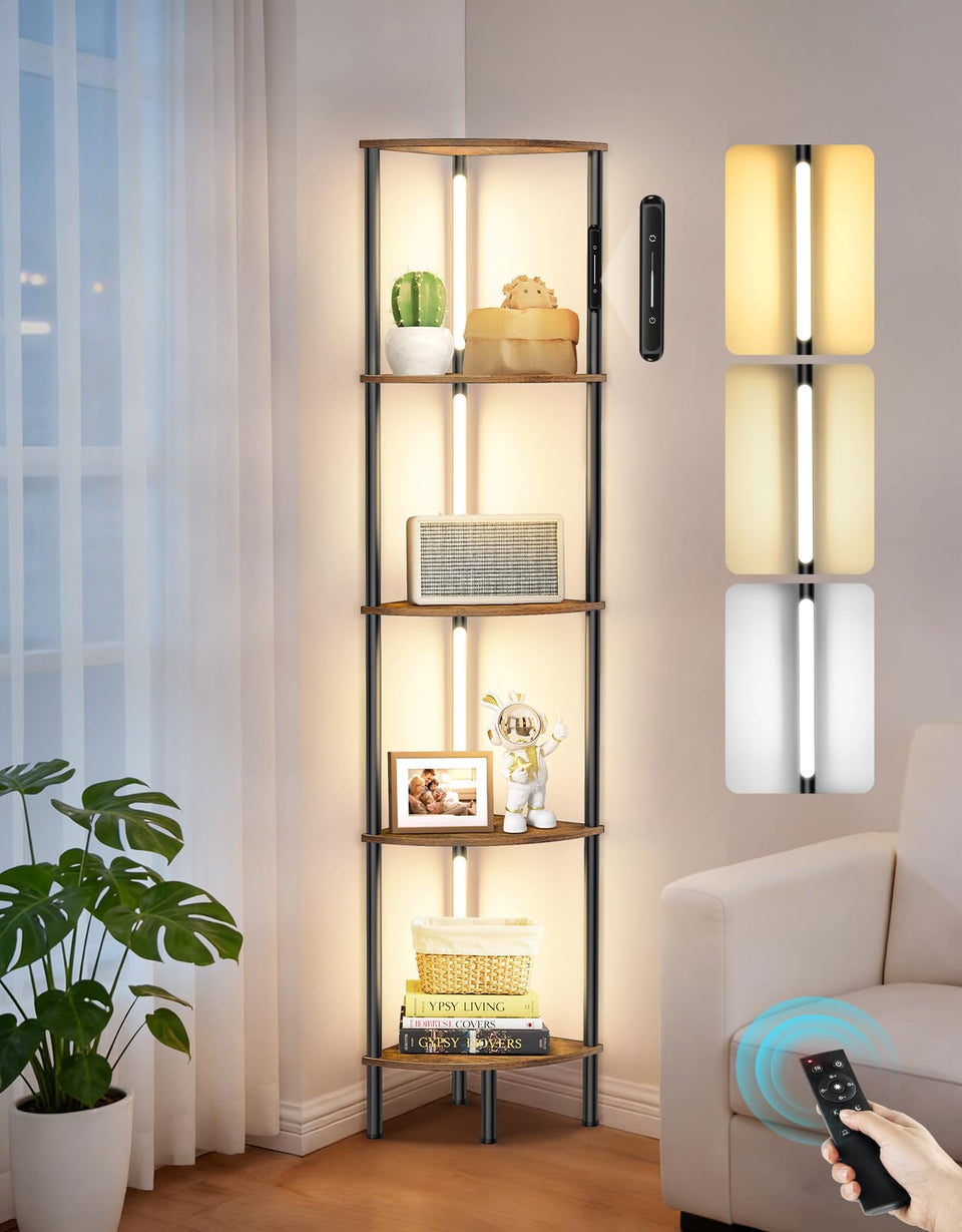 OUTONLIFE 5-tier corner bookshelf with LED light pole highlights books and décor for cozy spaces
