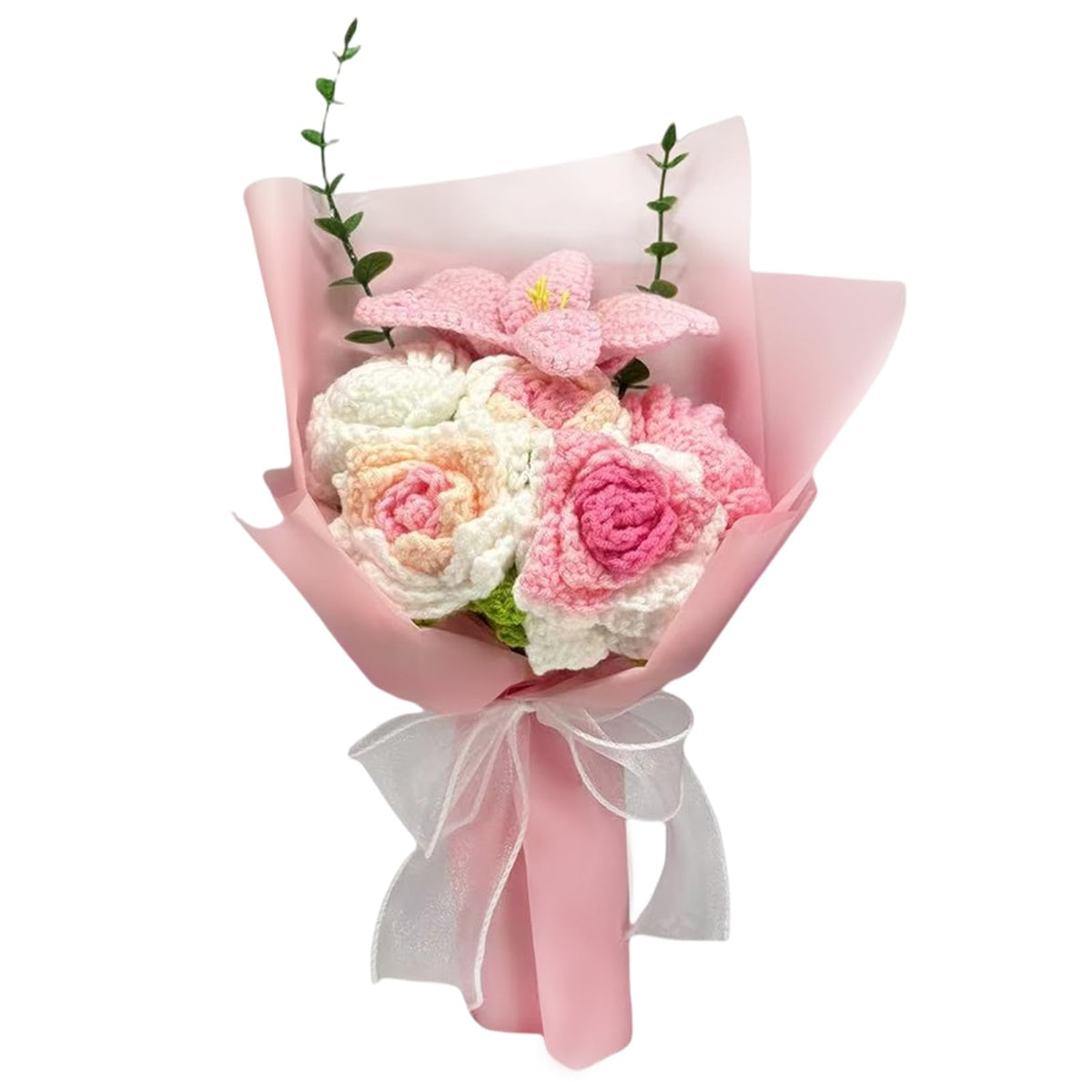 OVRRCSME crochet flower bouquet in big pink serves as an elegant home centerpiece.