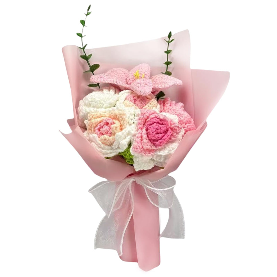 OVRRCSME crochet flower bouquet in big pink serves as an elegant home centerpiece.