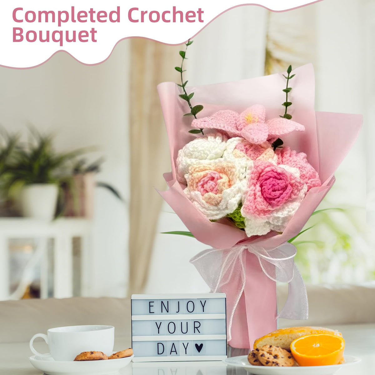 OVRRCSME ready-made crochet bouquet wrapped as a thoughtful present.