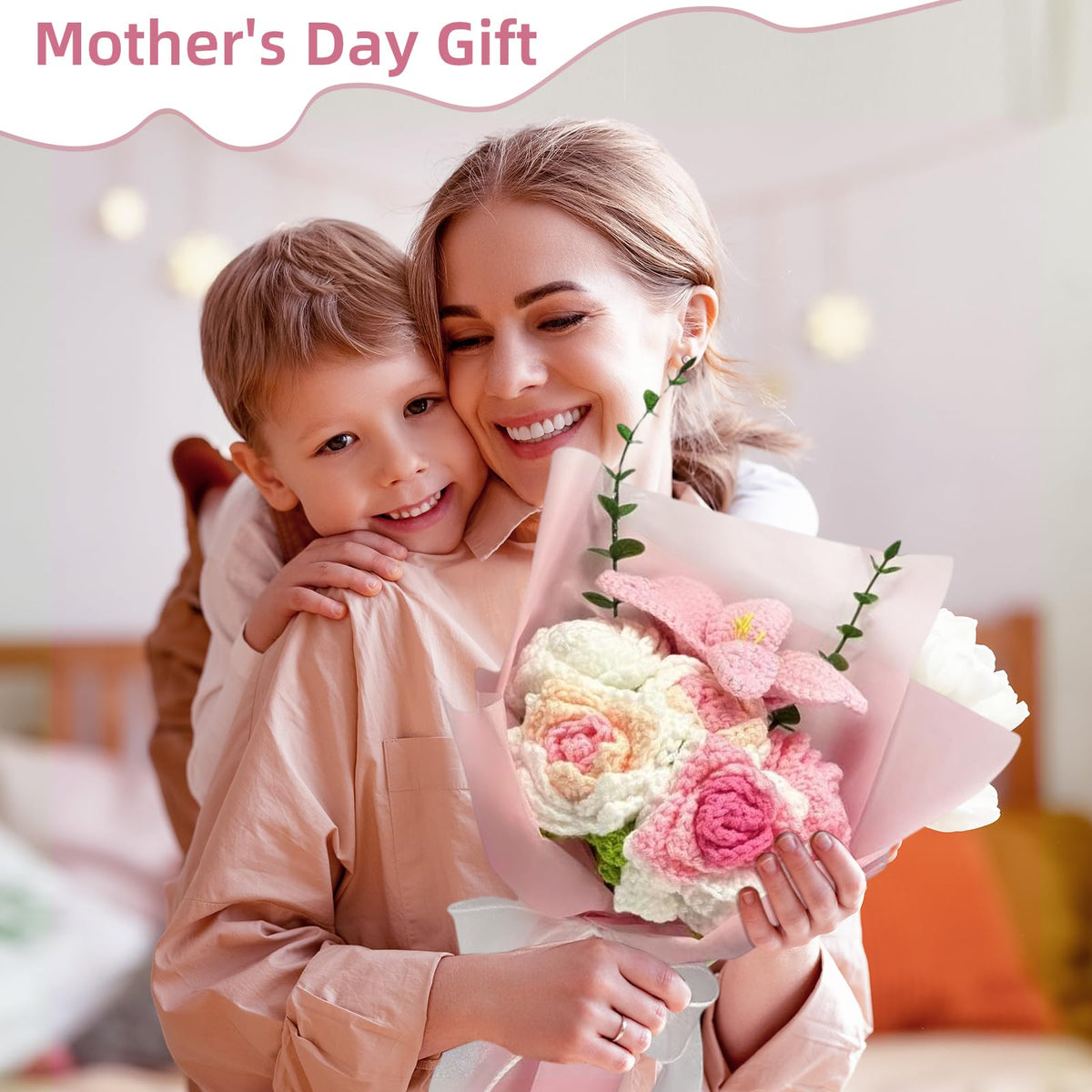 OVRRCSME six-flower knit bouquet features roses and eucalyptus for gifting.