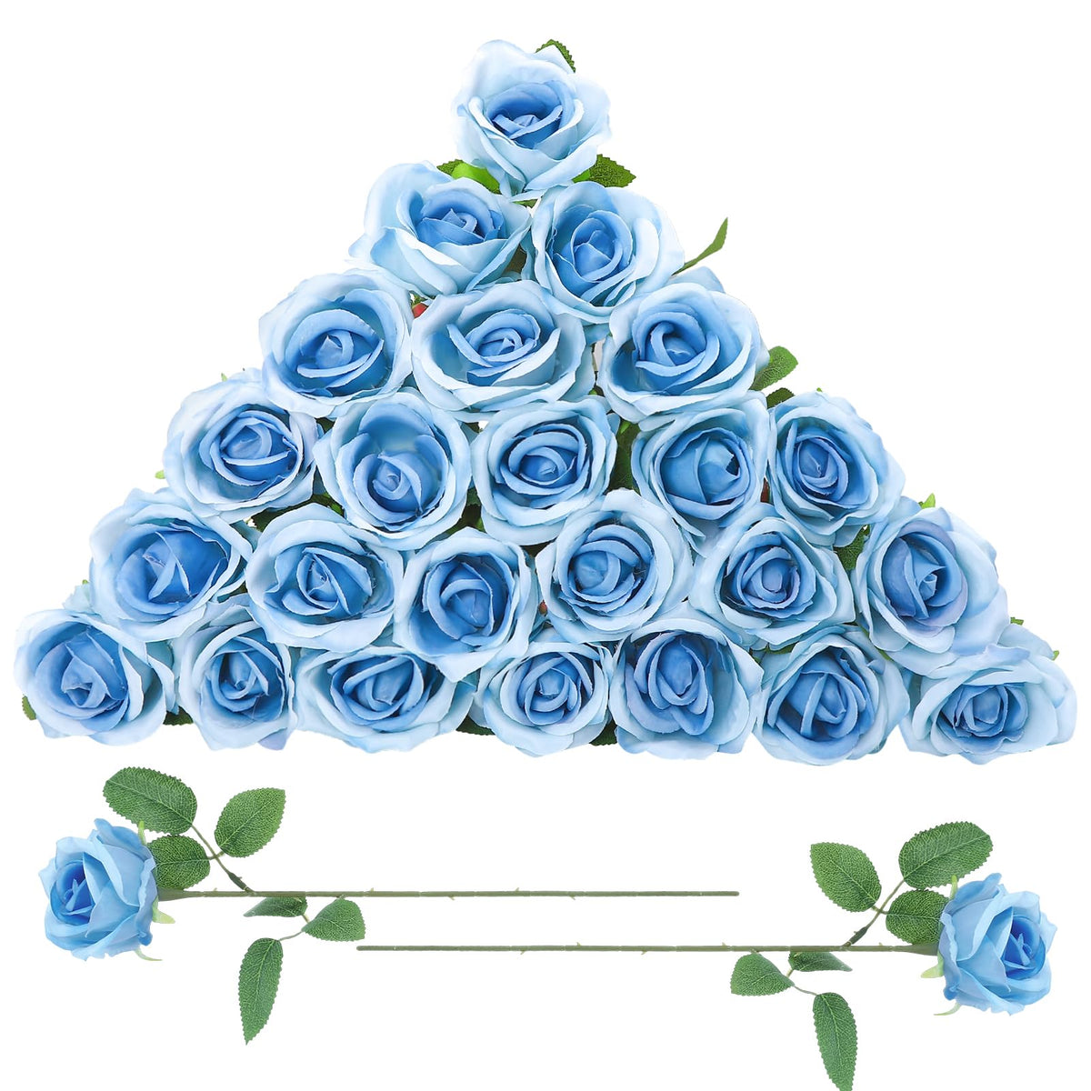 Ovveroche 24-sky-blue rose bouquet with long stems for weddings