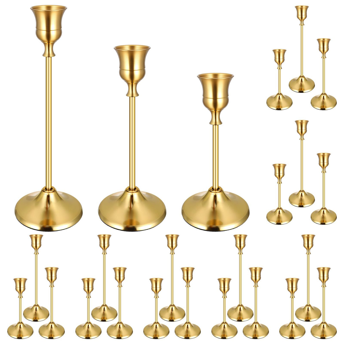 Ovveroche brass gold taper candle holders set with 24 pieces for versatile centerpieces.