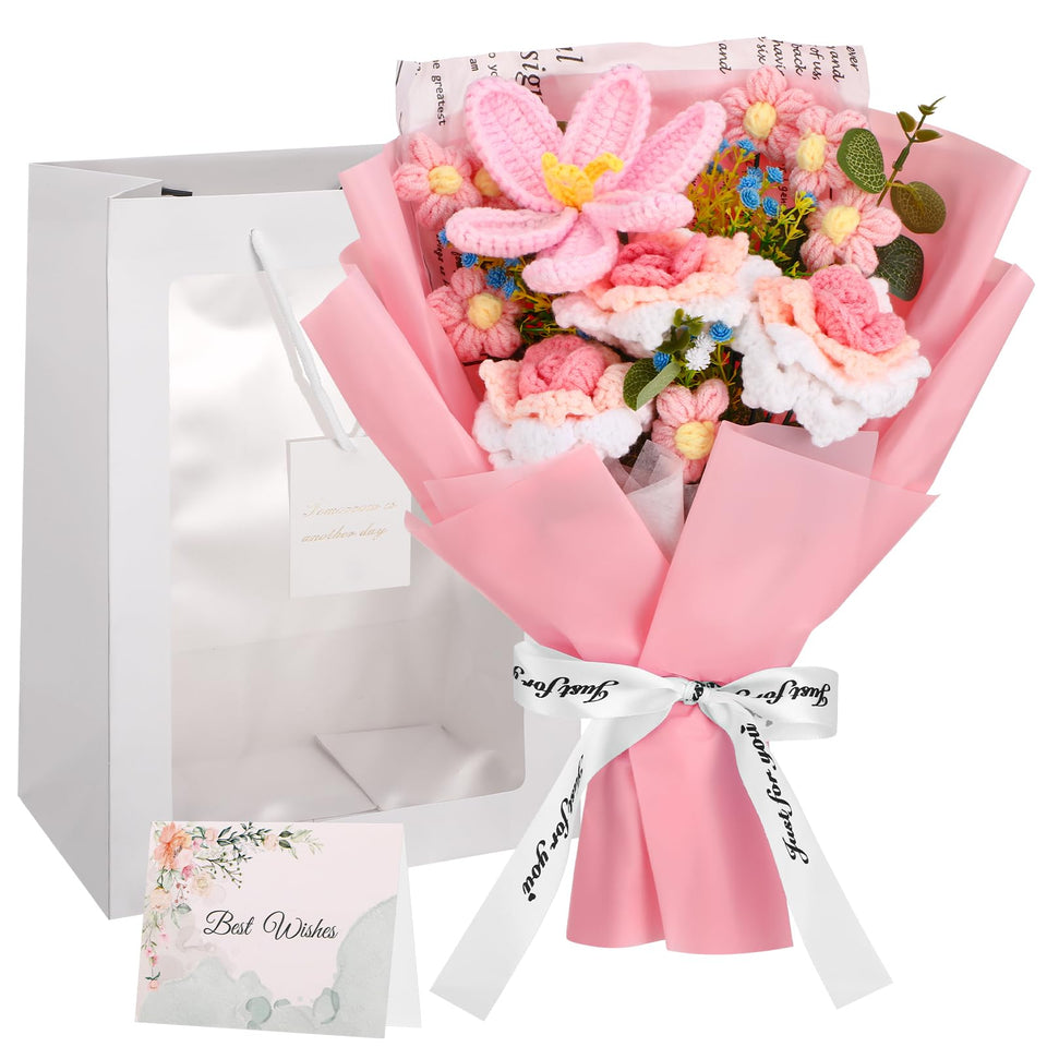 Ovveroche crochet bouquet with lifelike roses and tulips for lasting home decor.