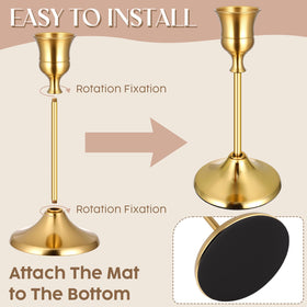 Ovveroche gold finish taper candle holders arranged on a dining table add warm elegance.