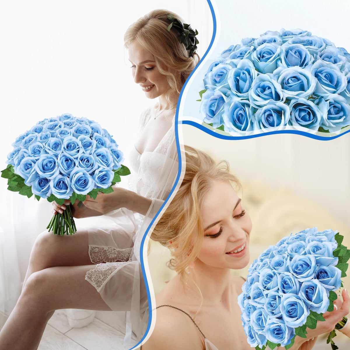 Ovveroche blue silk roses on table as chic home accent