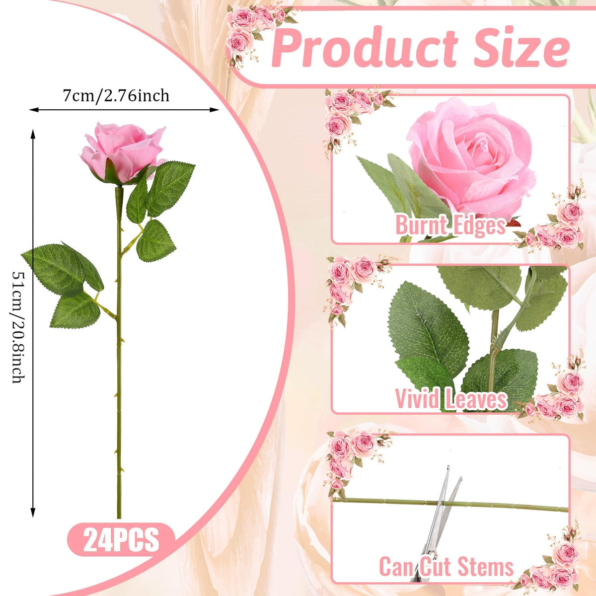 Ovveroche long-stem pink roses with 20-inch stems for creative arrangements
