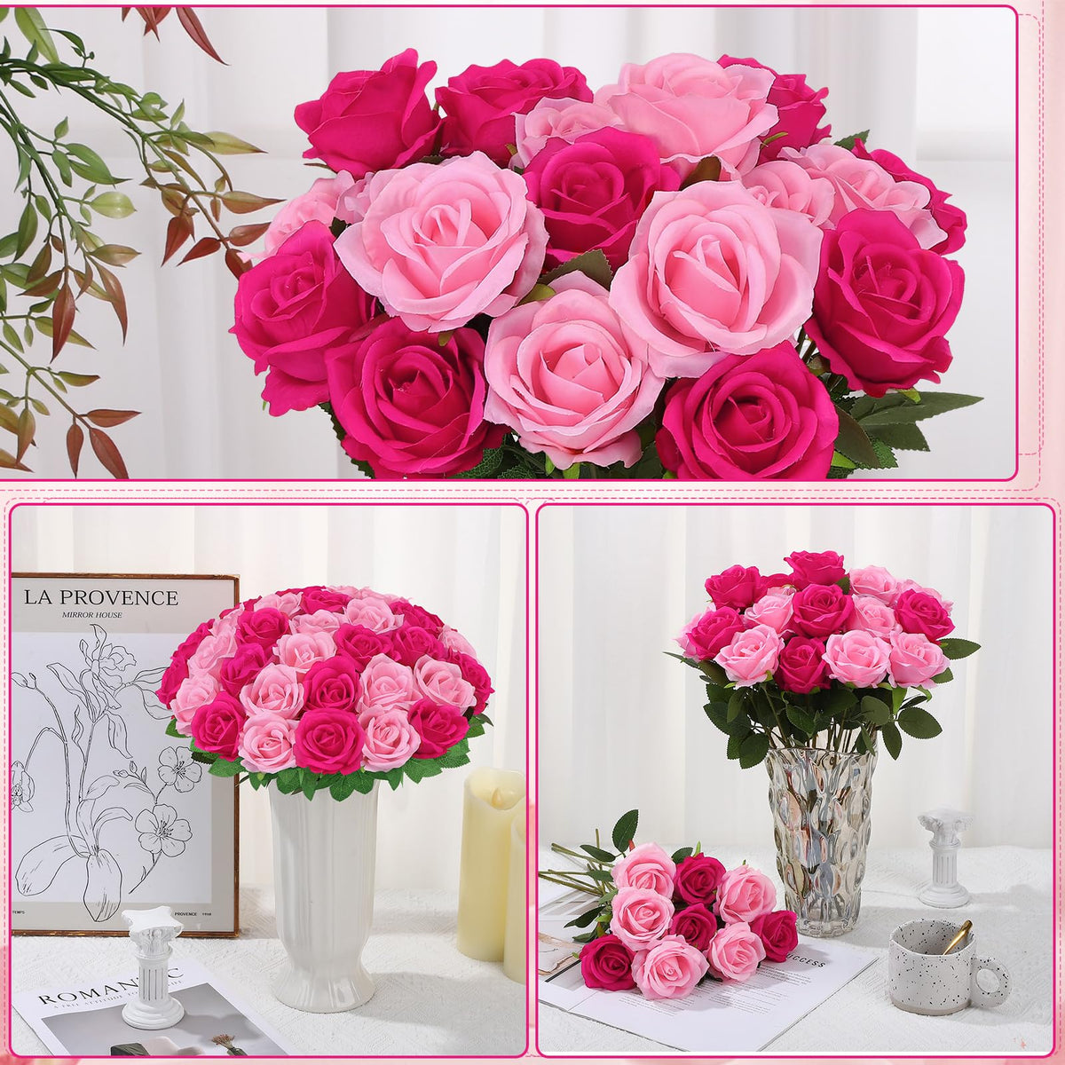 Ovveroche pink silk roses close-up for realistic indoor decoration.