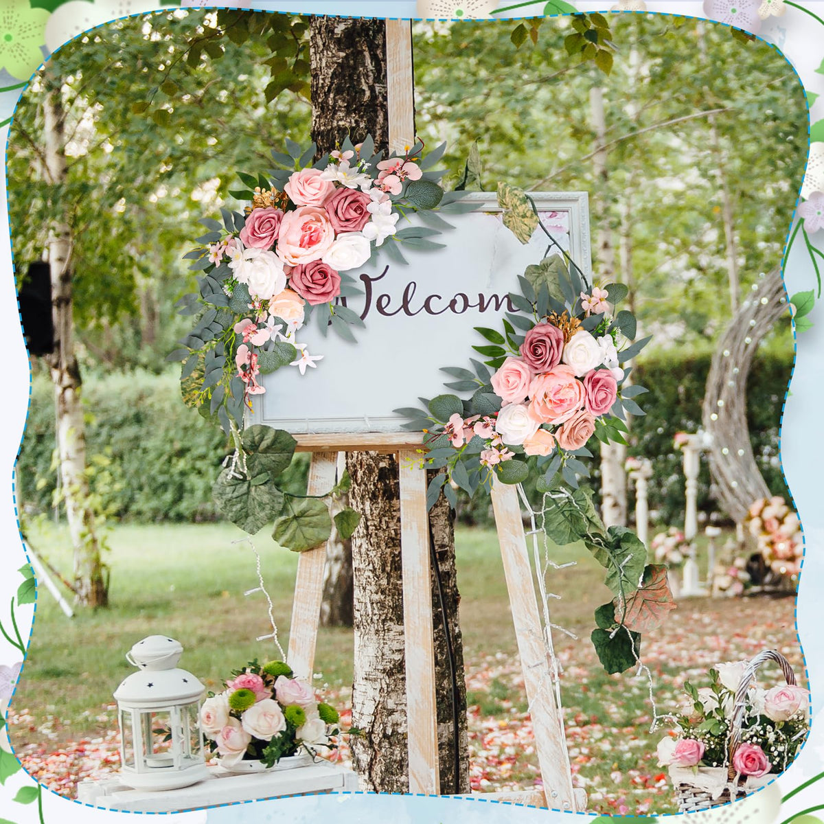 Ovveroche silk flowers for welcome sign provide a vibrant, lasting backdrop.