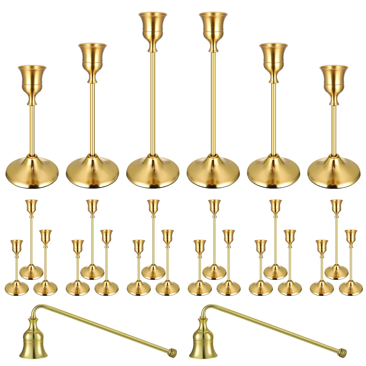 Ovveroche gold brass taper candle holders set with varied heights for elegant centerpieces