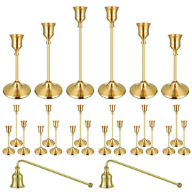 Ovveroche gold brass taper candle holders set with varied heights for elegant centerpieces