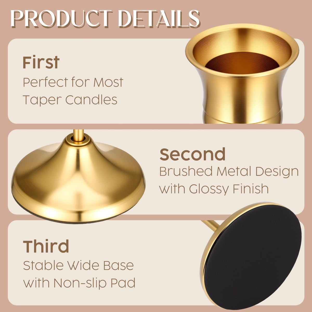 Ovveroche vintage metal candlesticks with varied heights create romantic glow and depth.