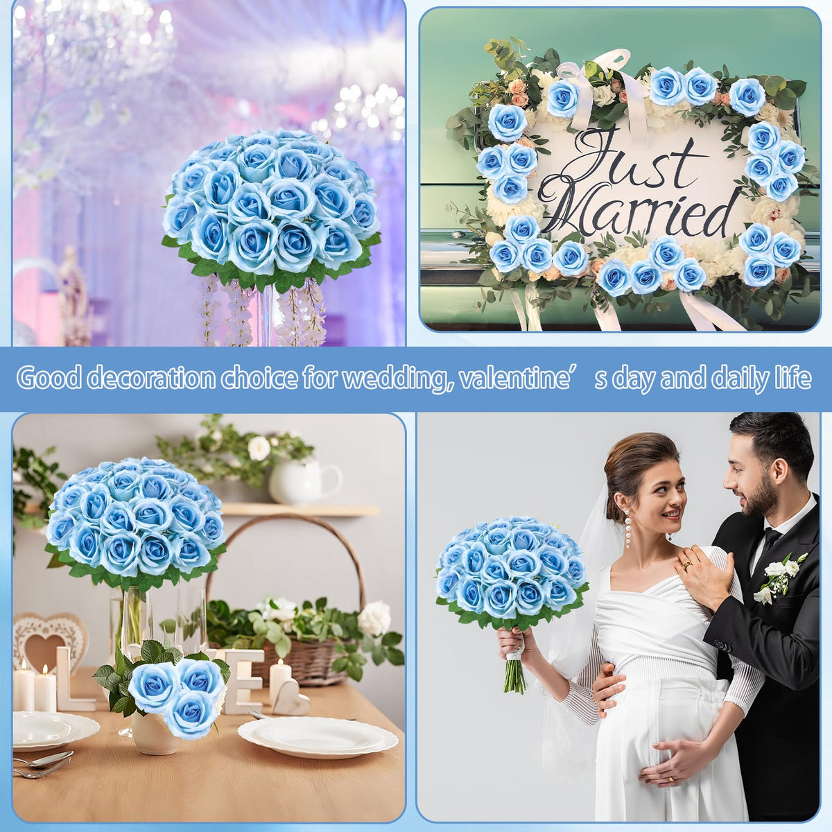 Ovveroche wedding centerpiece setup featuring sky blue artificial roses