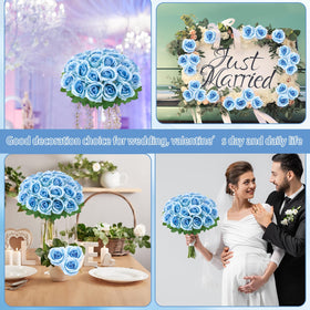 Ovveroche wedding centerpiece setup featuring sky blue artificial roses