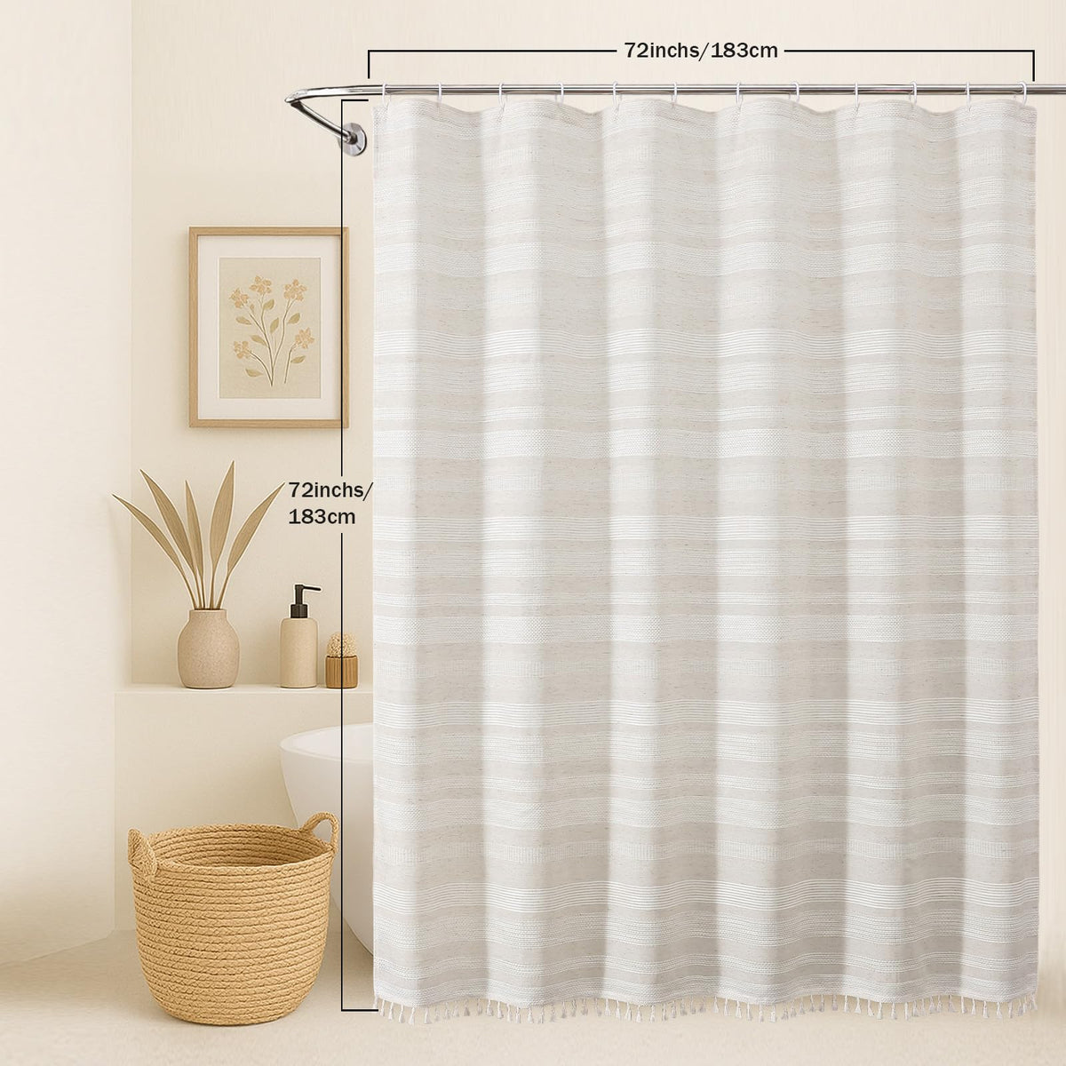 OVZME boho farmhouse striped curtain adds timeless style and bathroom privacy.