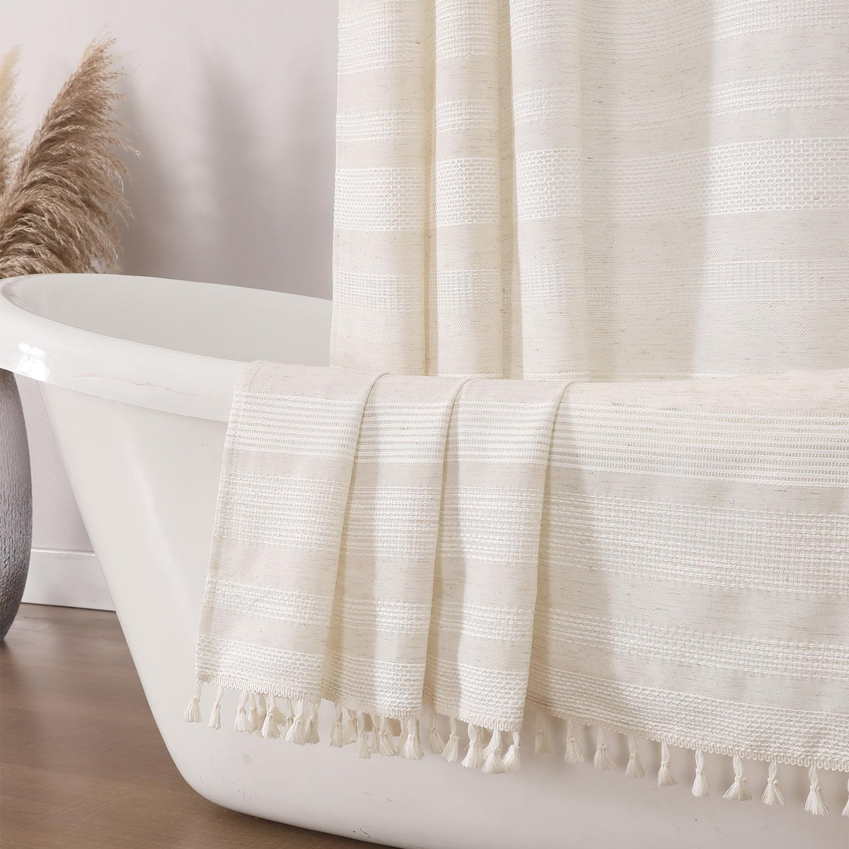 OVZME natural linen shower curtain texture showcases soft, durable fabric for daily use.