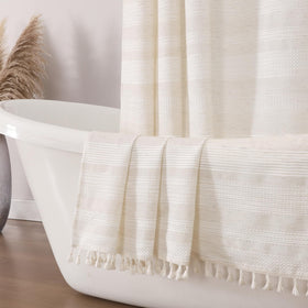 OVZME natural linen shower curtain texture showcases soft, durable fabric for daily use.