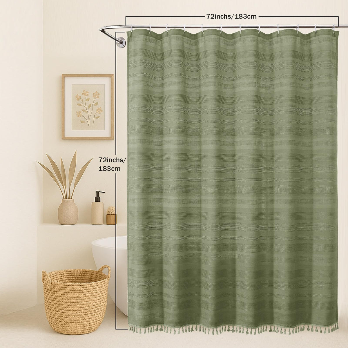 OVZME Sage Green Shower Curtain draped tassels highlight decorative charm.