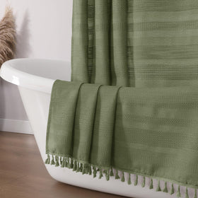 OVZME Sage Green Shower Curtain texture close-up showcases soft, durable linen weave.