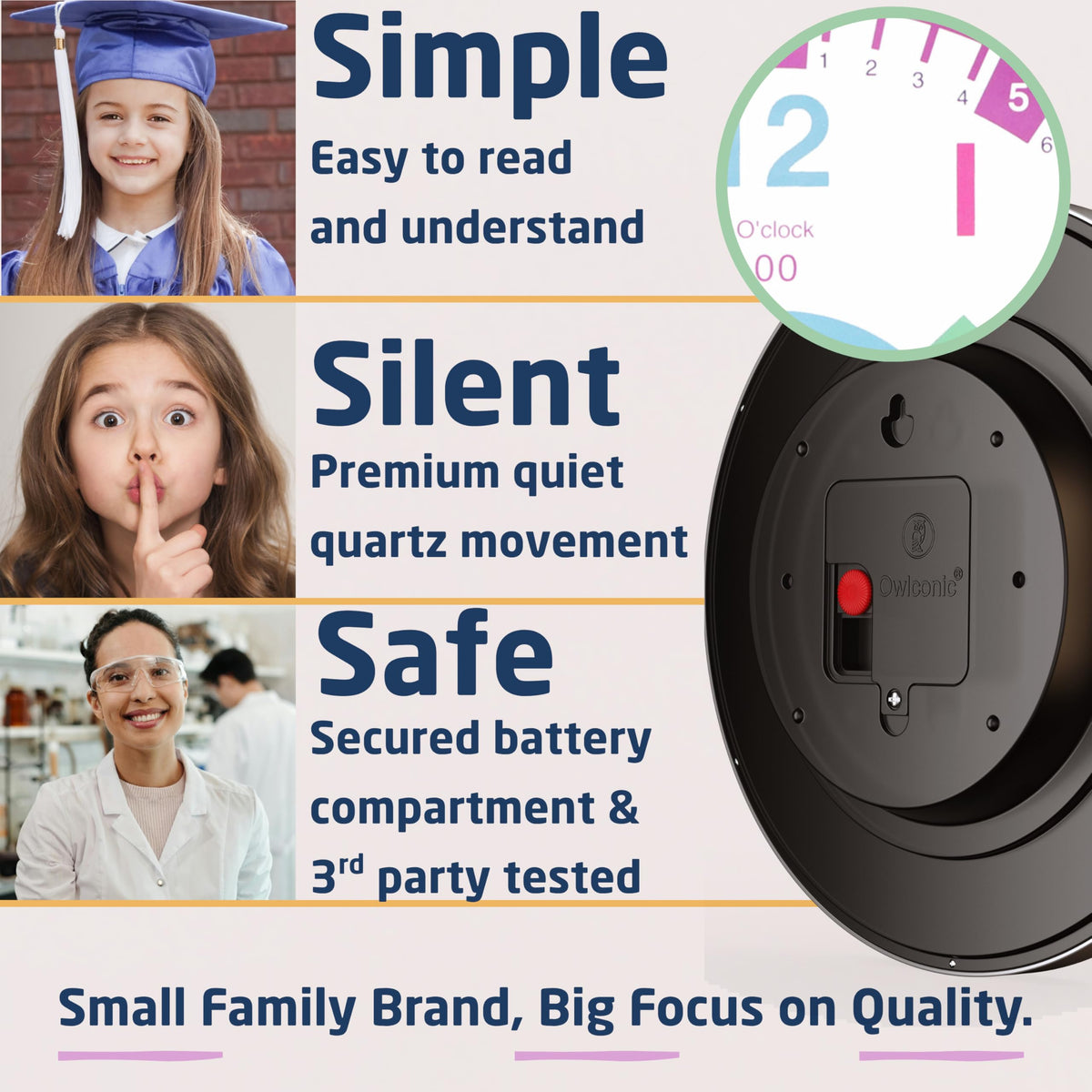 OWLCONIC clock for kids classroom wall-mount layout aids learning.