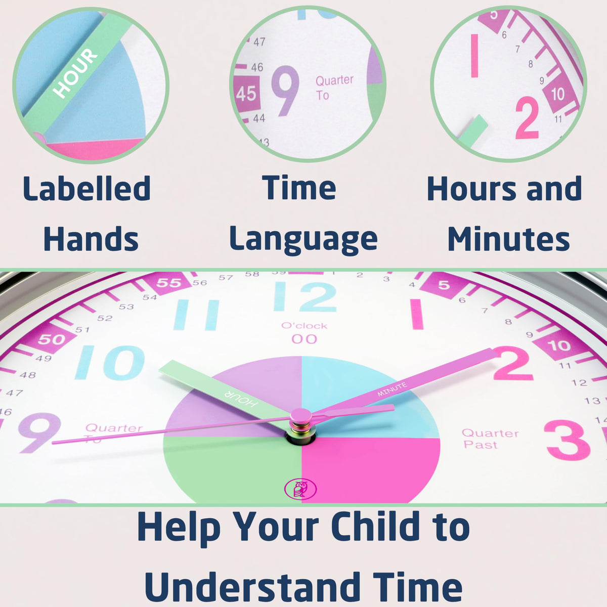OWLCONIC clock for kids hour-minute hands clear labeling helps quick learning.