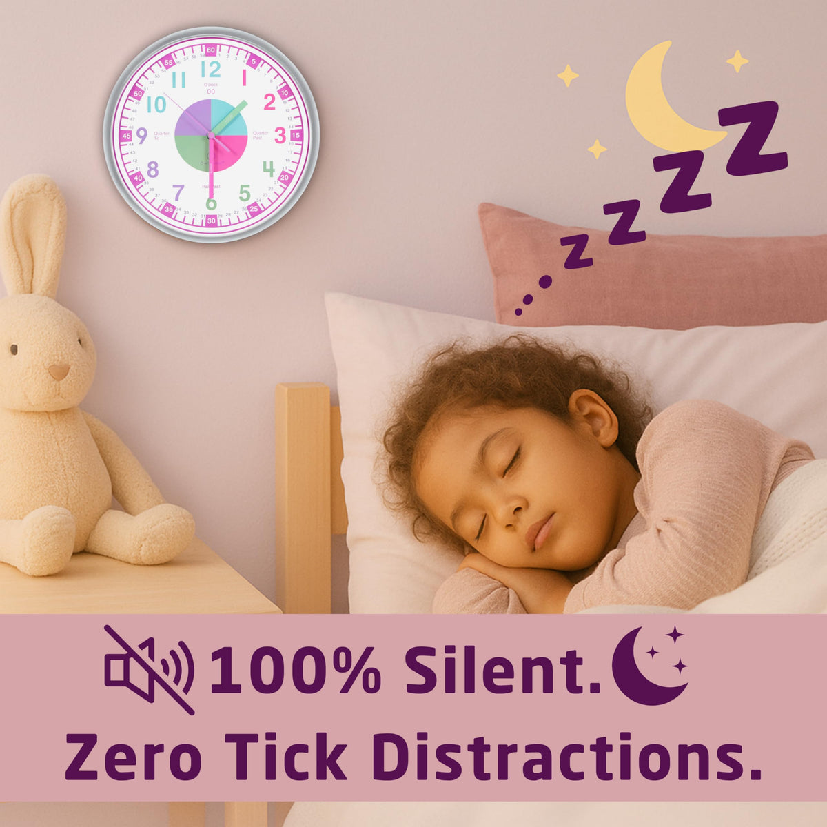 OWLCONIC pastel-pink bedroom clock for kids supports calm learning spaces.