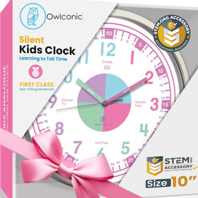 OWLCONIC Kids Clock in pastel pink face boosts time-telling practice at home.
