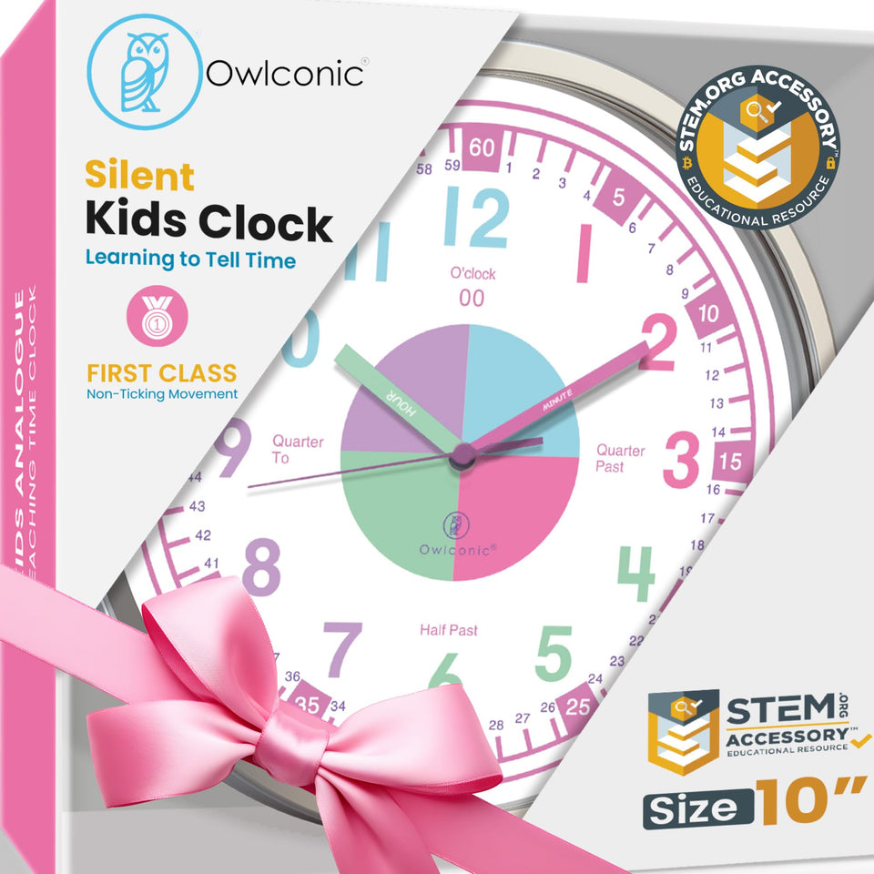 OWLCONIC Kids Clock in pastel pink face boosts time-telling practice at home.