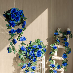 OWPFJG royal blue artificial rose vine garland adds romantic color to arches and doorways.