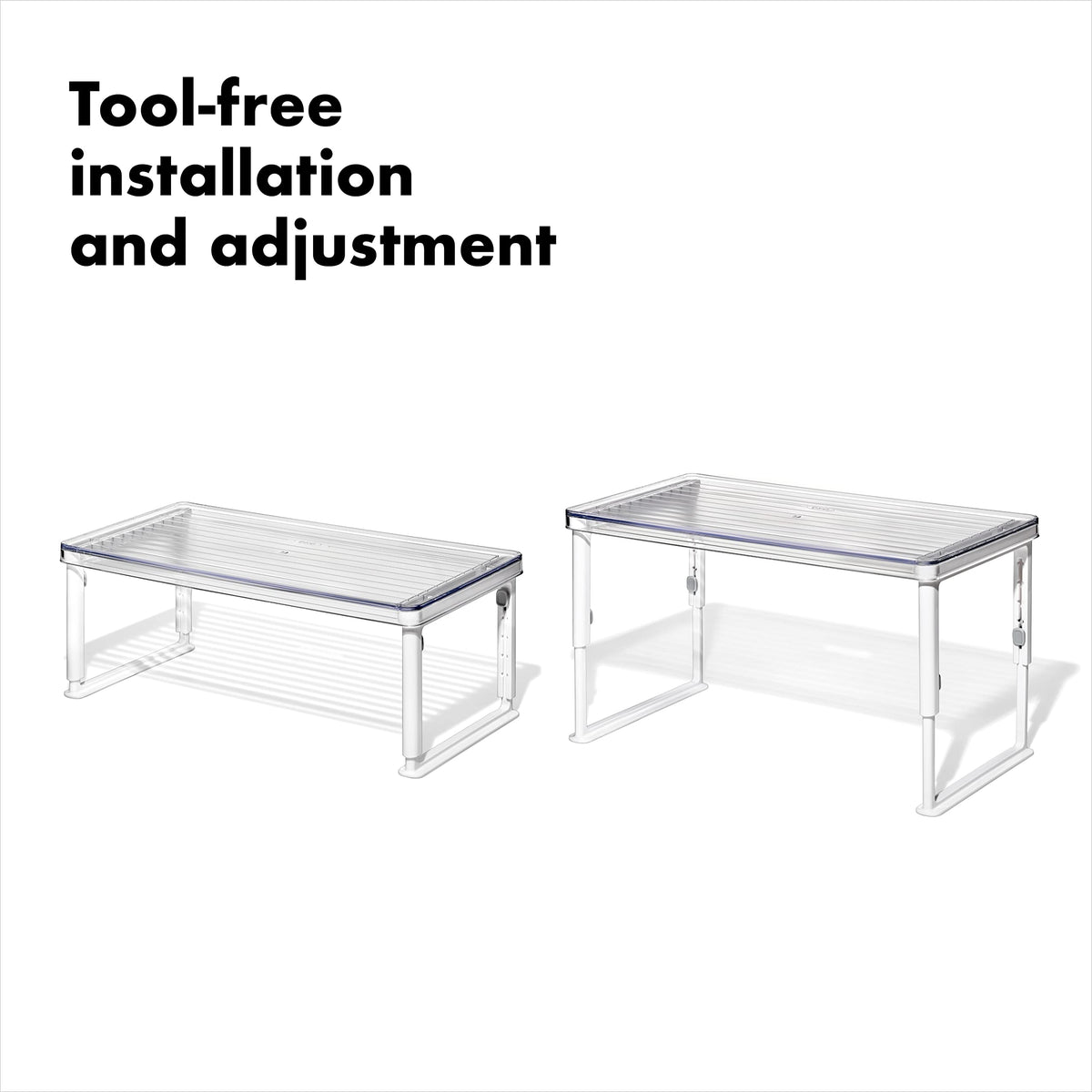 OXO Good Grips Adjustable Fridge Shelf Riser, side view, showing mid-height clearance for bulky items.